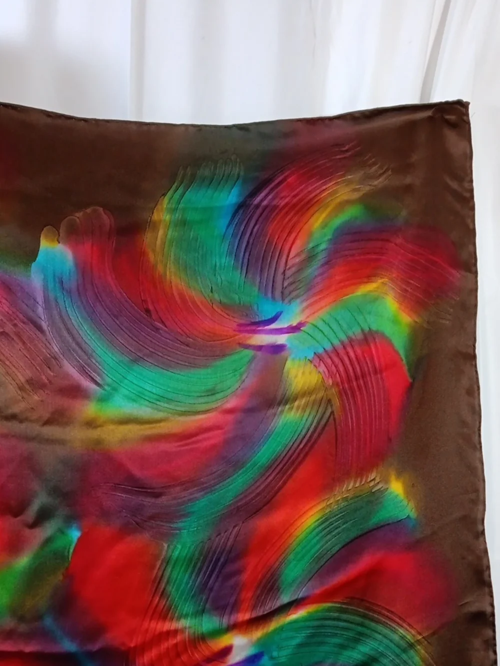 Womens Silk Large Scarf Brown Rainbow Boho Neck Sarong Headscarf Festival